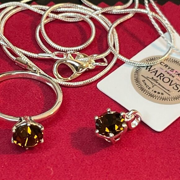 Swarovski Smoked Topaz Ring 7 & Pendant Necklace Set 20” Sterling Chain - Picture 9 of 10